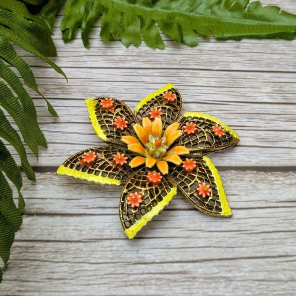 Arthur Pepper Enamel Flower Brooch Orange Yellow Retro Star